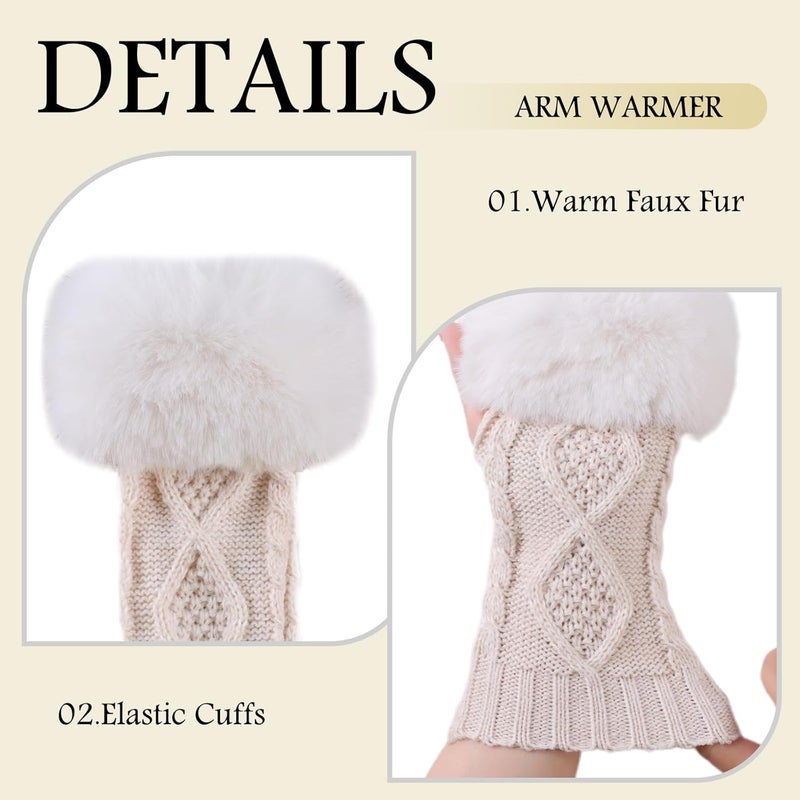 Pesaat Knit Arm Warmers Faux Fur Fingerless Gloves for Women Winter Wrist Warmers with Thumb Hole - Image 2